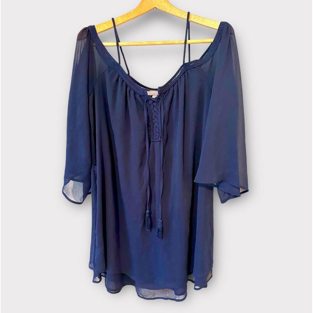 Purple Snow Womens Blouse Navy Blue Flowy Lined 3/4 Sleeves Tie Front Size XL